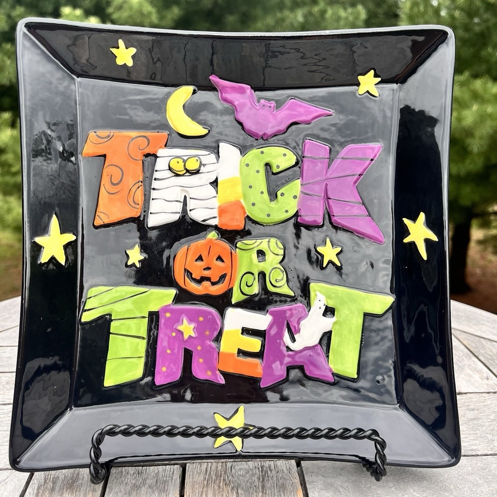 Vintage Halloween Tray 3D‎ Trick or Treat 9" Square Candy Dish Ghost Witch Bat - Picture 6 of 9